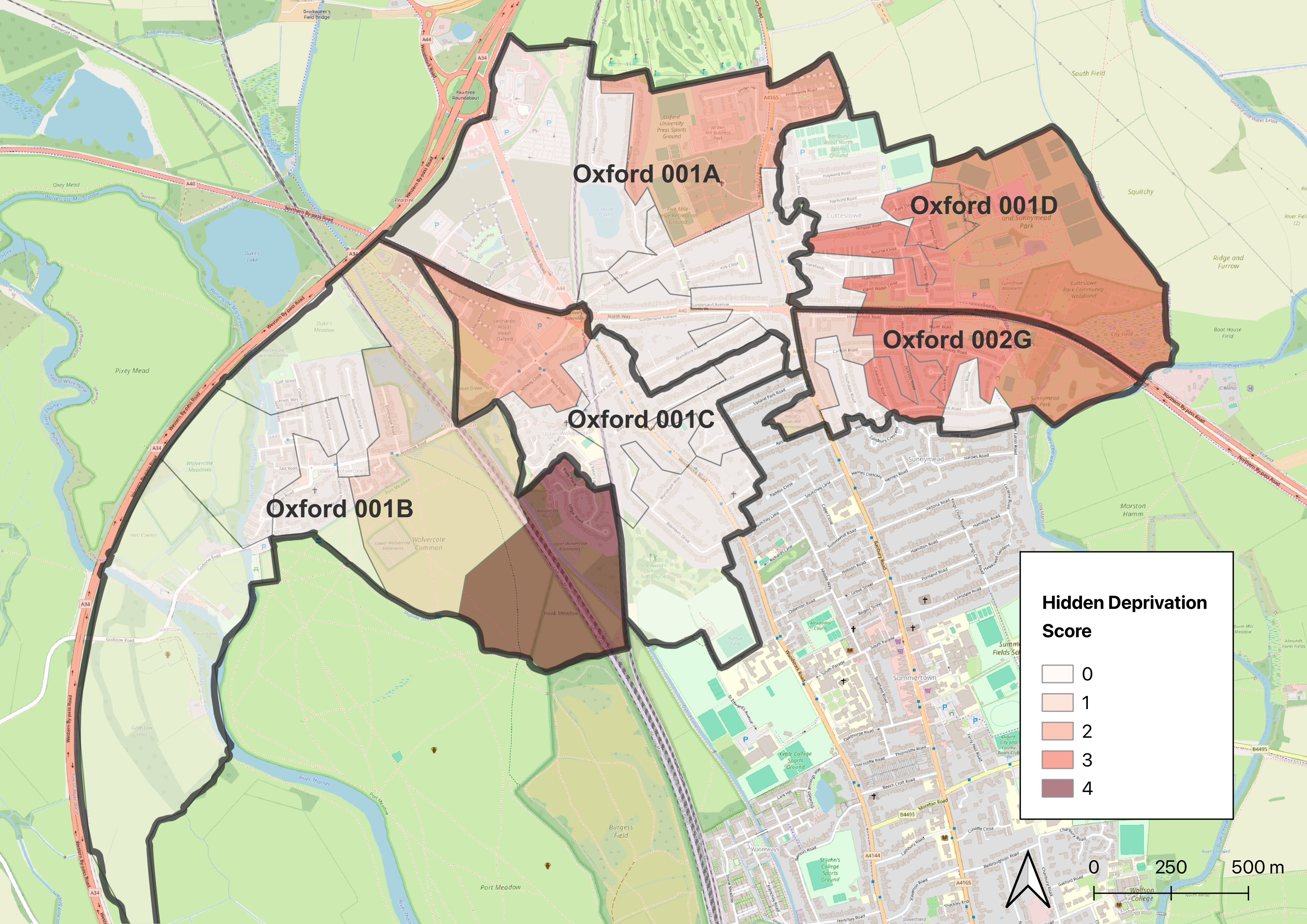 Distribution of hidden deprivation (n_hidden) across Output Areas in the five target LSOAs