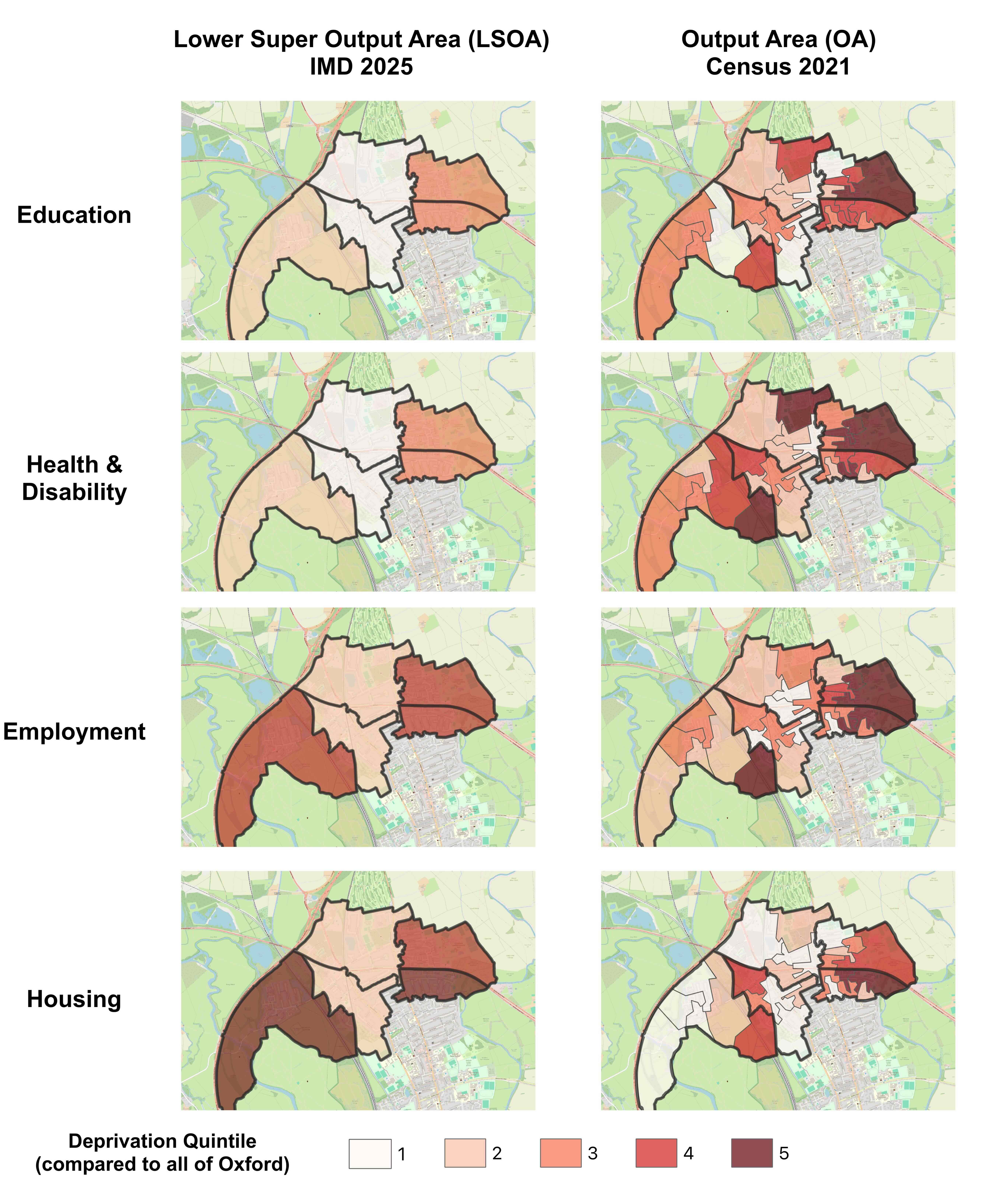 Comparative spatial analysis: LSOA IMD 2025 quintiles alongside OA Census 2021 deprivation quintiles, for each of the four deprivation dimensions